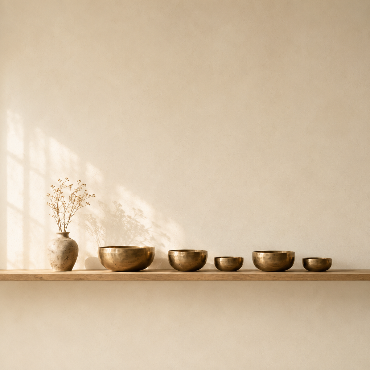Five brass singing bowls of varying sizes arranged on a light wood shelf next to a small ceramic vase with dried stems, set against a warm beige wall with soft window light shadows.