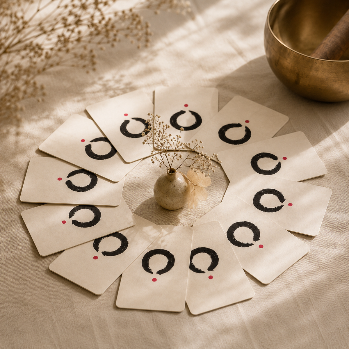 Kokū meditation cards arranged in a circle on beige fabric, each with a hand-painted ensō and vermilion dot, styled with dried flowers, a small vase, and a brass bowl in warm light.