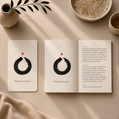 The Kokū Emptiness is space card beside the open Pocket Book on beige fabric, each showing a hand-painted open ensō and vermilion dot, styled with a small vase, dried flowers, and a cup.