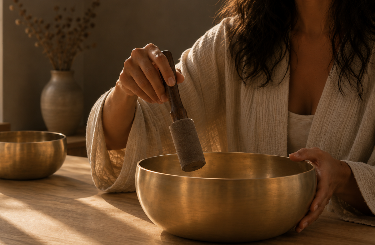 A person in a cream robe holds a wooden mallet over a large brass singing bowl on a wooden table, with a smaller bowl in the background near a window.