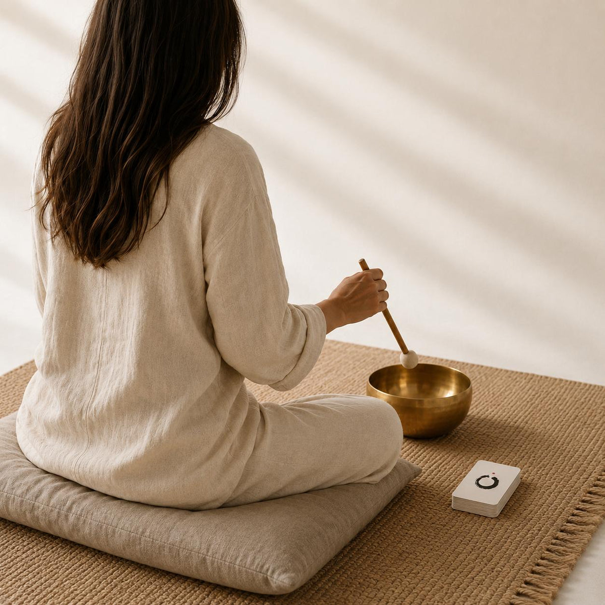 A brass singing bowl and wooden mallet on linen, used in a live online sound bath session