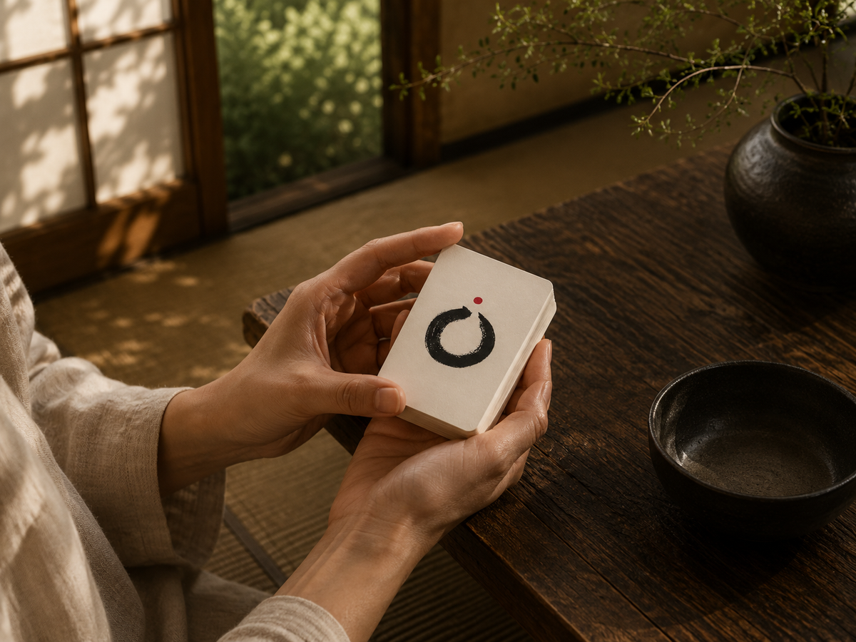A person in a beige robe holds the small Kokū keepsake box, its cover showing a hand-painted ensō and vermilion dot, in a warm room with a wooden table and tea bowl.