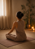 A woman lying down in meditation during an online sound bath session